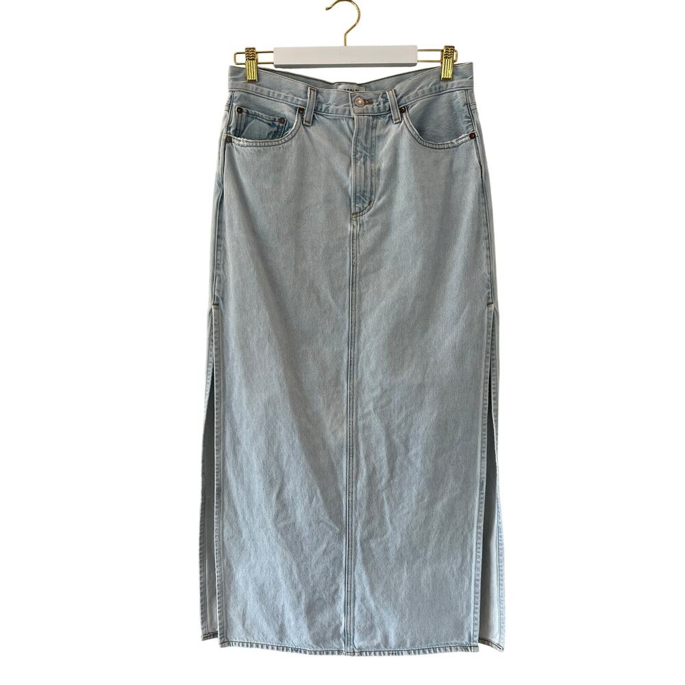 AGOLDE Astrid Slice Light Wash Denim Maxi Skirt High Slit Front Zip Size 28